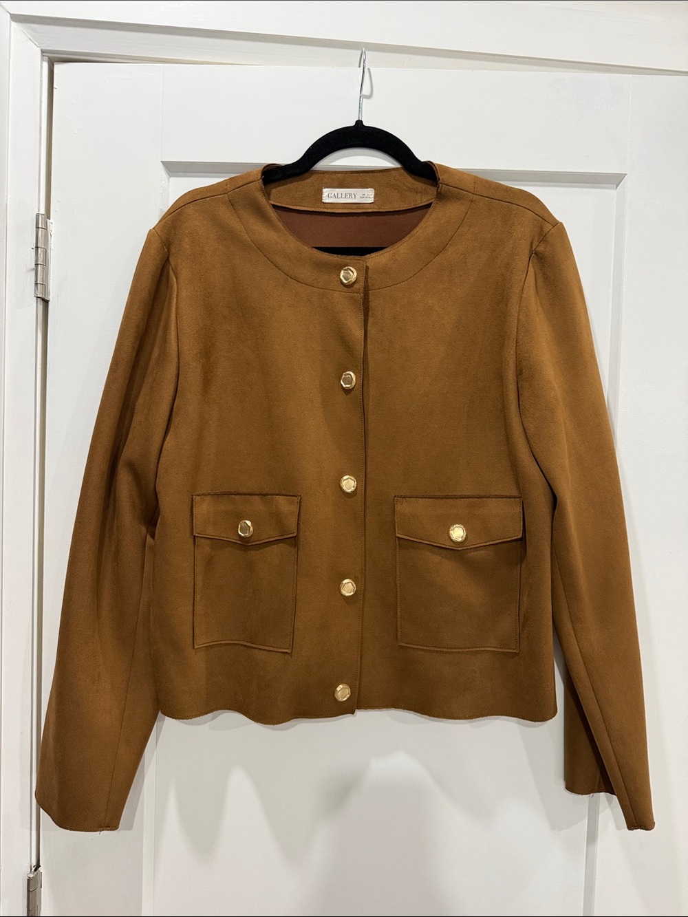 Dunnes Gallery Camel Brown Collarless Blazer with Gold Buttons size L faux suade